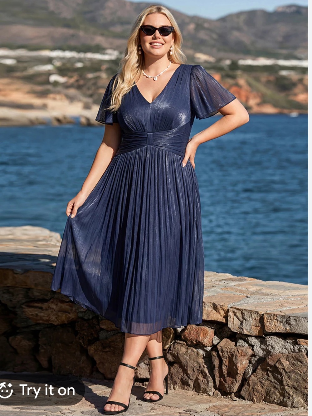 Ever Pretty Navy V-Neck Pleated Midi Dress with Flutter Sleeves